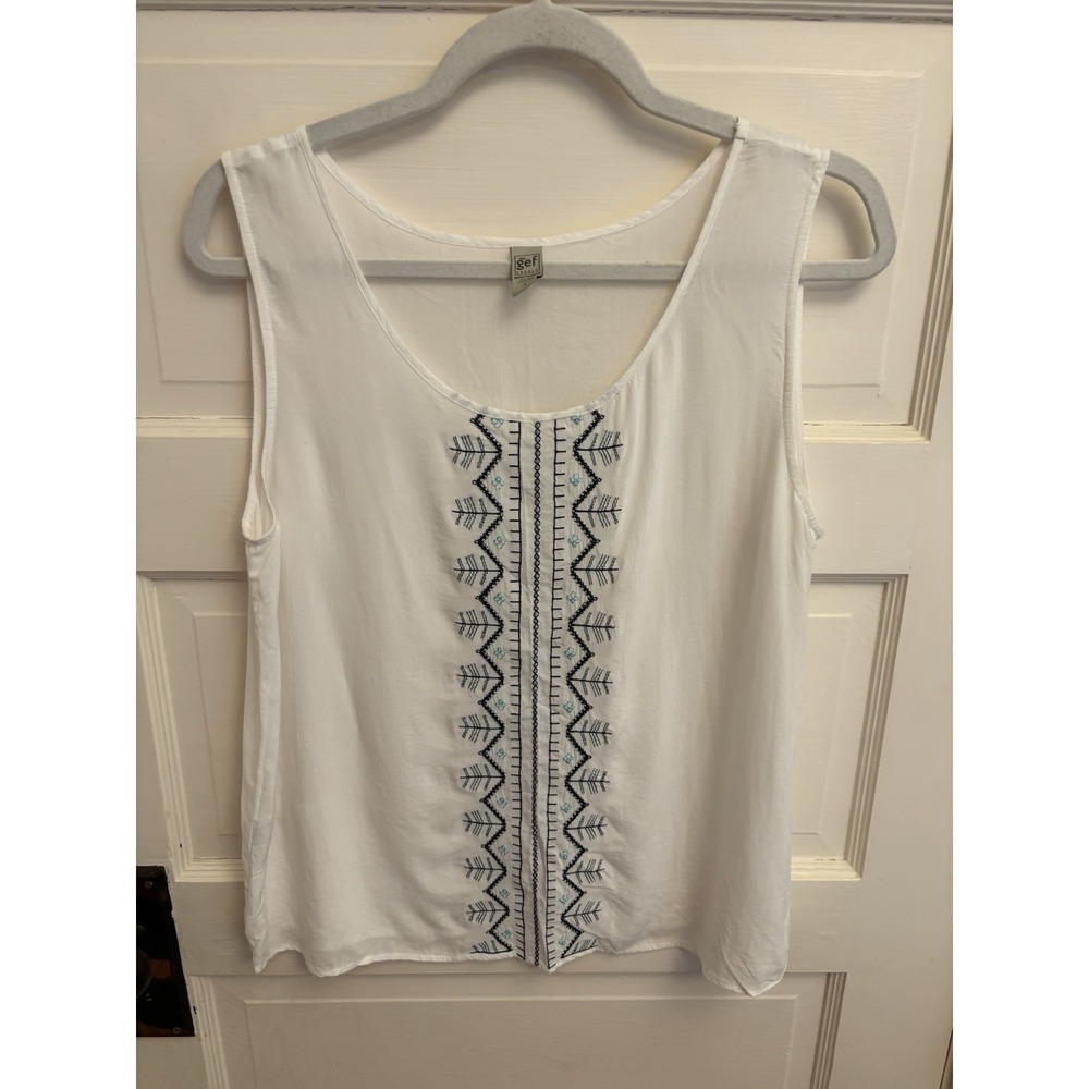 Gef France Women's White Embroidered‎ Lethy Sleeveless Blouse Size Medium